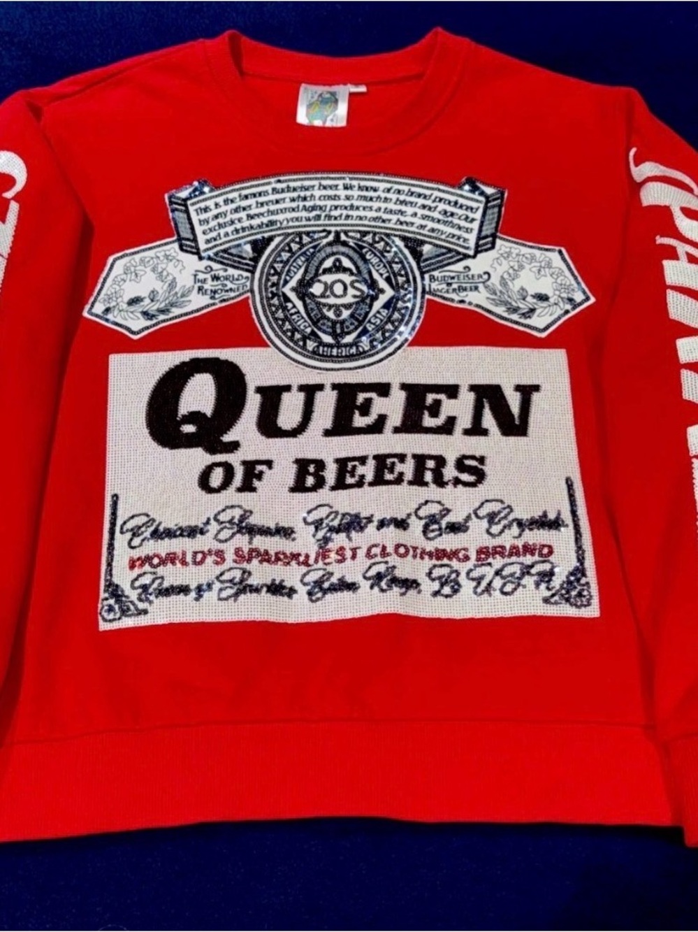 🔴Queen of Sparkles S (Oversized) Queen of Beers Sequined Sweatshirt EUC